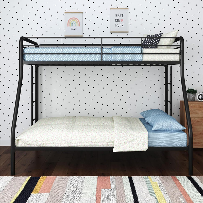 Metal Bunk Bed Frame for Kids, Teens, and Adults, With Angled Ladder, High Full Length Guardrail, Smooth Rounded Edges, No Boxspring Required, For Small Spaces, Twin-Over-Full, Black