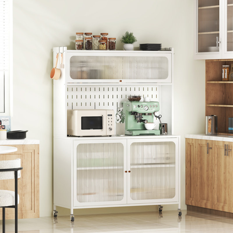 Freestanding Kitchen Sideboard with Wheels and Adjustable Shelves