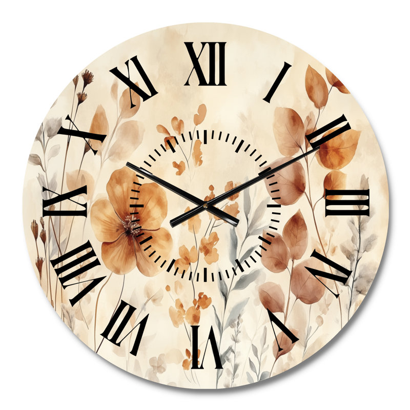 Horloge murale en métal beige à motifs botaniques séchés aux tons naturels, imprimée sur métal, Petit
