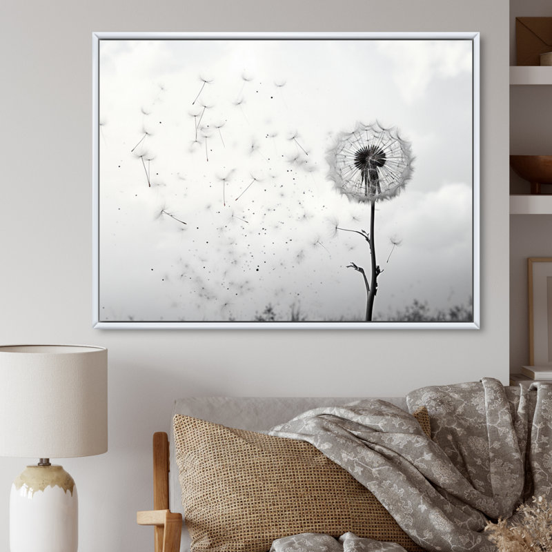 «Minimalims Dandelion Natures Fragility I», art mural sur toile pissenlit, H 34 po x l 44 po, Cadre flottant blanc