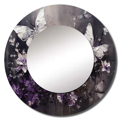 Revel Purple And White Butterfly Wings And Flowers - Floral Large Mirror, Purple Round Decorative Wall Mirror, Printed Metal Art