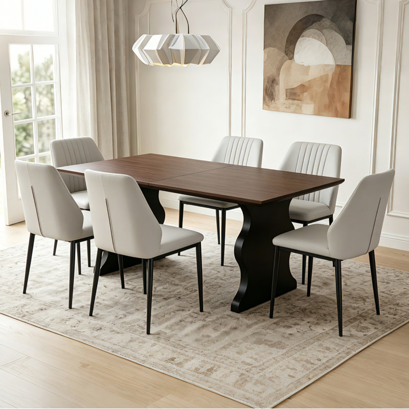  Table de salle à manger extensible avec chaises rembourrées Kincannon, 7, Beige
