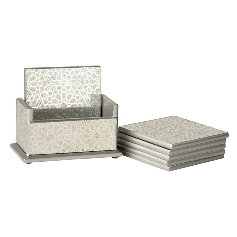 Sparkle Glass Mirror Coaster Set with Holder, White/Silver
