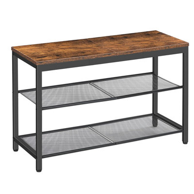 Rustic Brown Industrial Shoe Organizer Bench - 3-Tier Entryway Rack With Sturdy Mesh Shelves - 29.5" Wide Living Room Storage Bench - Easy Tool-Free Assembly