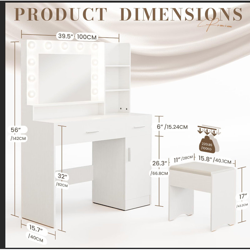 Dressing Table With LED Mirror & Storage Stool, White Vanity Desk With 3-Color & Dimmable Lights
