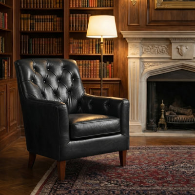 Olga 33.25"W Traditional Genuine Leather Arm Chair with Tufted Back