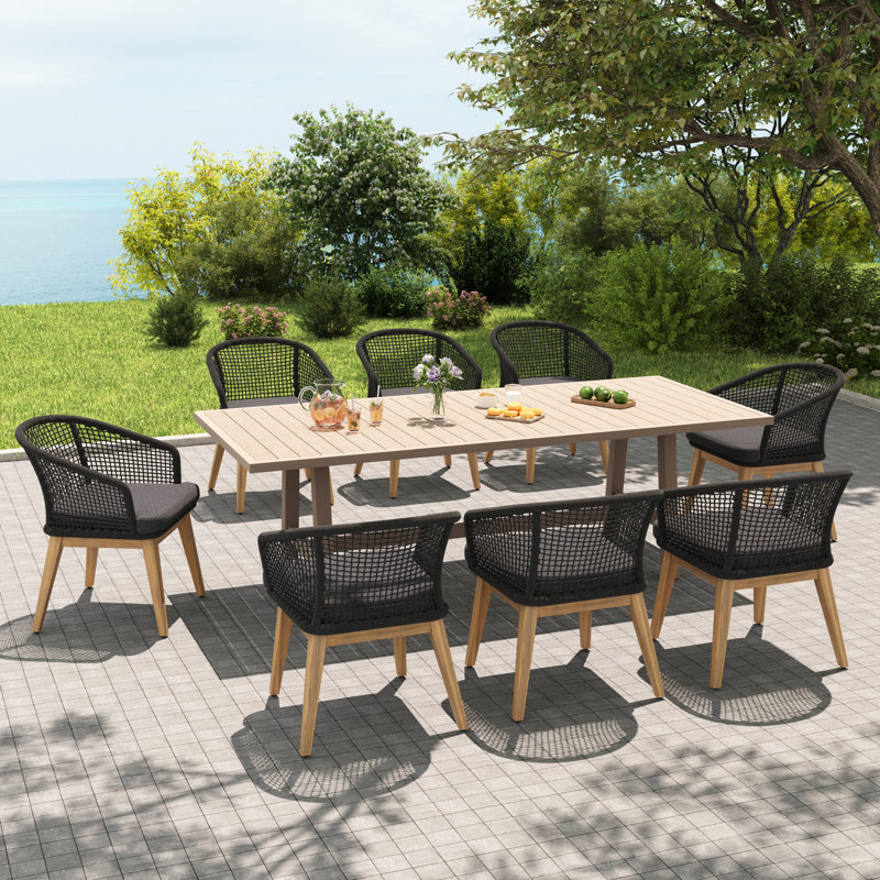 Ensemble repas 8 personnes pour l'extérieur en bois avec coussins, Coussin gris / cadre noir, 9 Pieces: Table, 8 Chairs