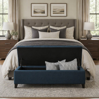 Navy Blue Upholstered Storage Ottoman Bench with Durable Rubber Wood Legs, Perfect for Entryway or Bedroom, 300lbs Capacity