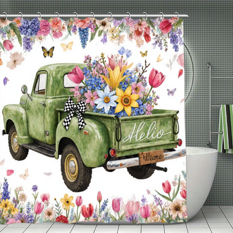 Rideaux de douche Vintage Truck Floral, 71 × 71, Motif floral vert 1