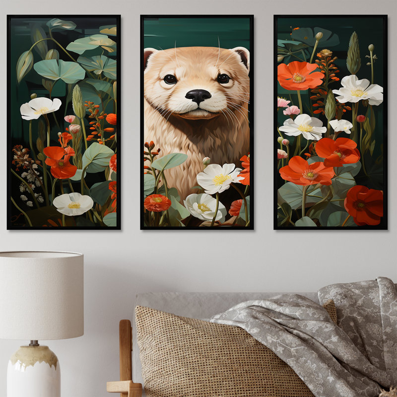 Curieuse loutre dans une prairie fleurie - loutre, art mural, H 28 po x l 36 po, Cadre flottant noir