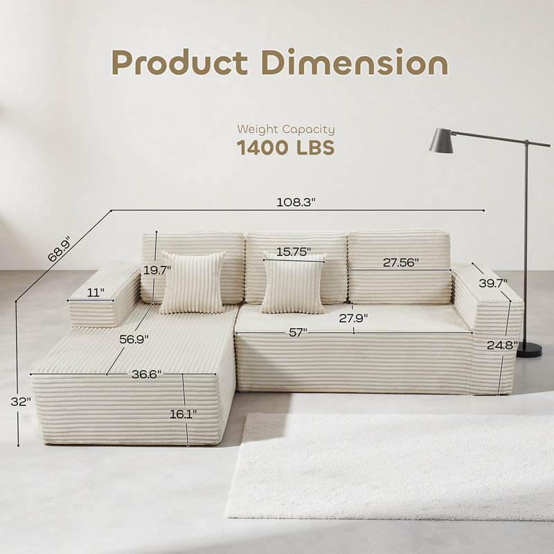 2 - Piece Upholstered Sectional With Pillow, No Assembly Required Sleeper Sofa, 108.3" Free Combination Sofa Bed For Living Room