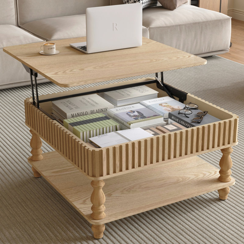 Table basse cannelée avec rangement, Bois naturel