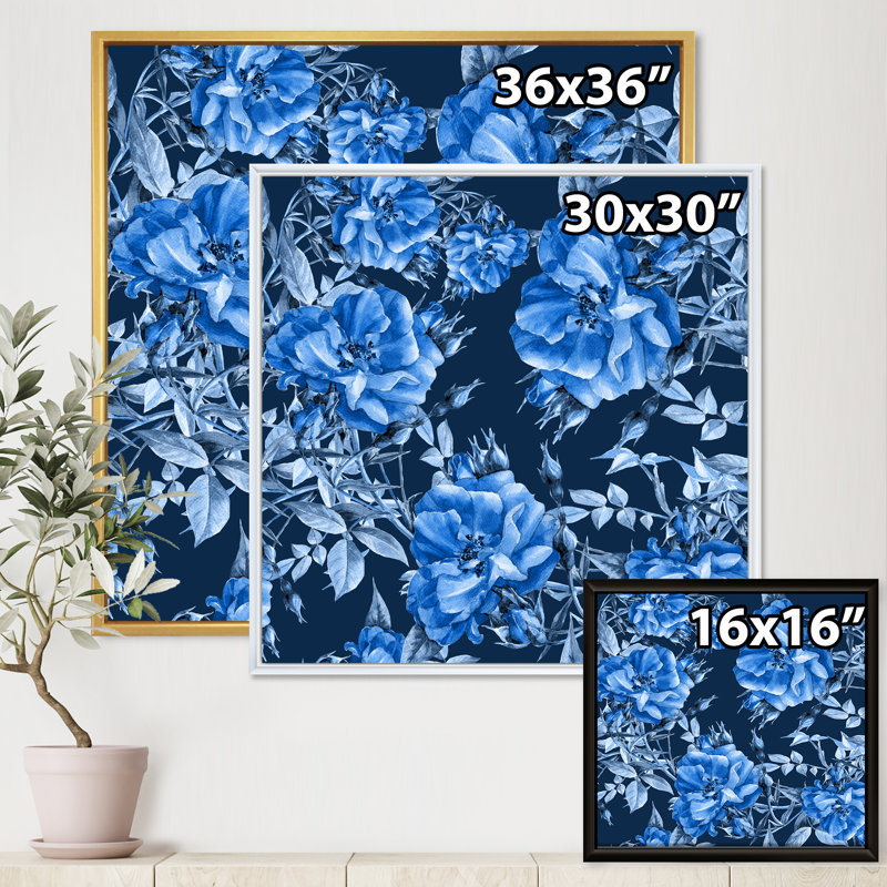 Fleurs bleues abstraites - Peinture sur toile, Cadre flottant doré, H 36 po x l 36 po x 1,5 po