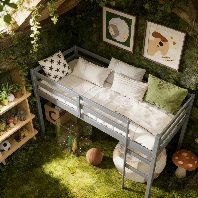 Twin-Size Solid Wood Low Loft Bed With Ladder, Gray