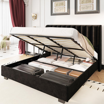 Très grande base de lit très grand avec tête de lit à oreilles 51 po, lit plateforme tapissier en velours avec levage hydraulique, aucun sommier requis, support de lattes en bois, noir