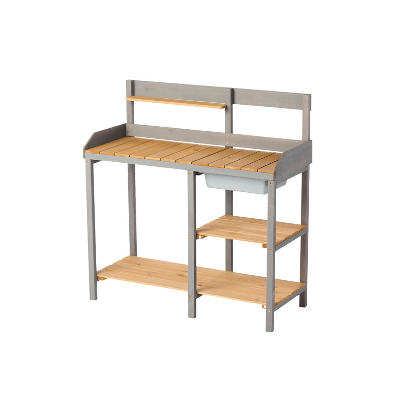 Bureau de jardin pour jardin, poste de travail en bois avec armoire, grand espace de travail, fabrication en bois, banc de couleur gris brun, surface extérieure spacieuse, construction, +