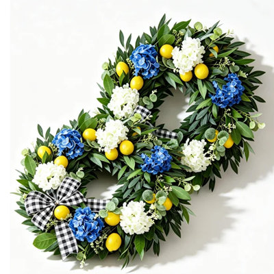 set of 2 20 Inch Artificial Lemon Hydrangea Wreath with Buffalo Plaid Bow, Summer‑Fall Front Door Wreath, Blue & White Hydrangea Greenery Wreath, Farmhouse All‑Season Wall Porch Hanging Decor for Home Decoration