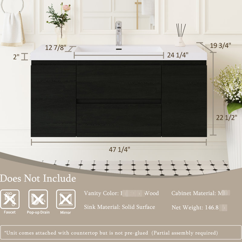 48" Floating Bathroom Vanity In Wood, Wall - Mounted With Sink, Solid Surface Top, Soft Close Drawers, Modern Design