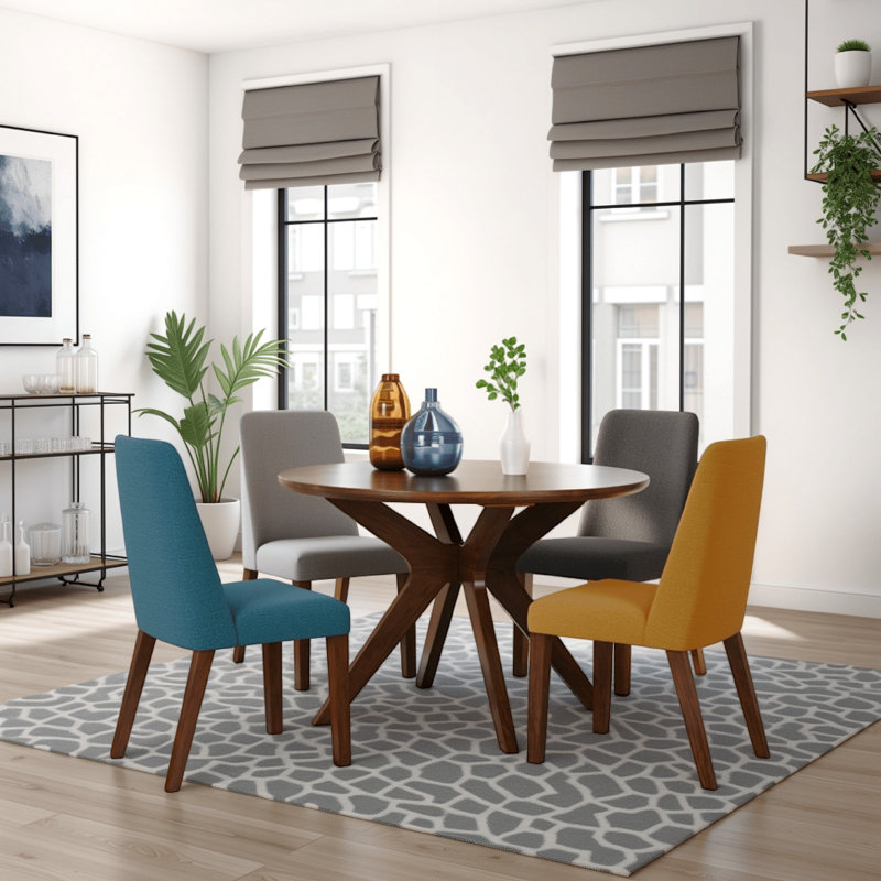 Jeyn Round Dining Table, Modern Curved Base, 45 Inch Brown Mango Wood
