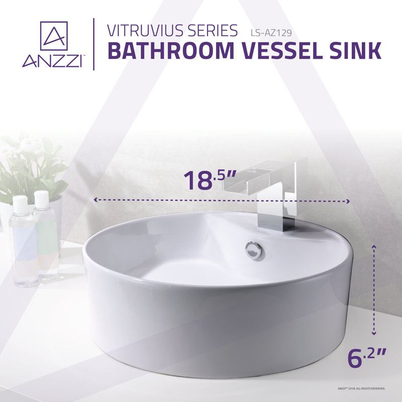 ANZZI Vitruvius Series 18.5'' White Vitreous China Circular Bathroom Sink with Overflow