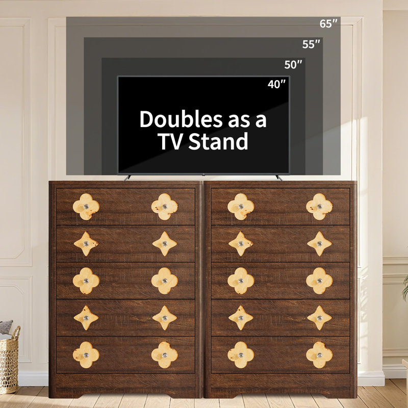 46.1" Tall 5 Drawer Wood Dresser with Decorative Fronts & Crystal Knobs, Narrow Storage Chest, Walnut