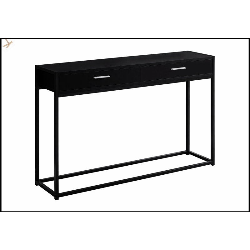 Console étroite en stratifié noir avec tiroir de rangement et base en métal durable, pour les entrées et les petits espaces.