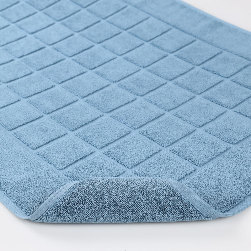 100% Cotton Thick & Absorbent Reversible Checkered Bath Mats - Set Of 2, Denim Blue