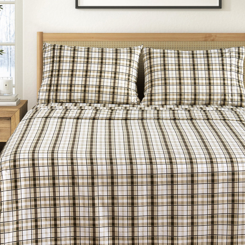 Ultra Soft Printed Microfiber Sheet Set, King Sheet Set with 2 Pillowcases, Cabin Plaid