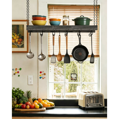 35.4" Industrial Ceiling Mount Pot Rack with Hooks, Wall Mounted Pan Hanger for Kitchen Storage