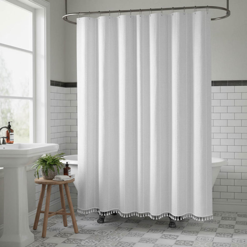 Boho Farmhouse Tassel Shower Curtain, White
