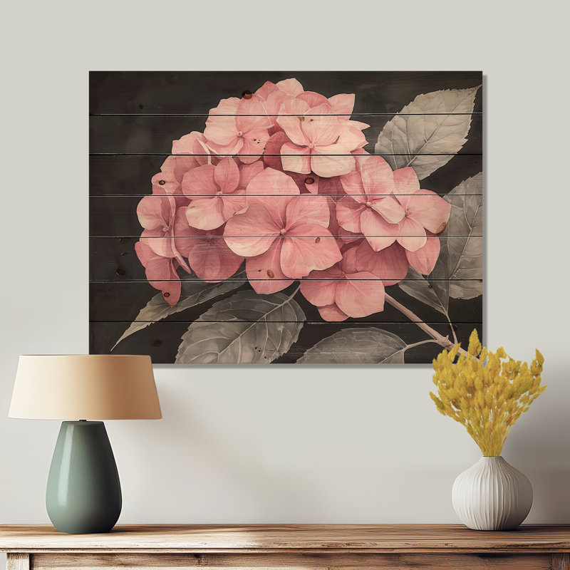 Hortensias avec une fleur de rose douce II - Art mural en bois d'hortensias - sur bois de pin naturel, H 24 po x l 32 po