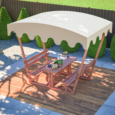 Table et banc de pique-nique d'extérieur en bois avec auvent amovible pour tous les cas de figure. Plateau de table de 1,06 pouce d'épaisseur, 1,18 bancs. Auvent imperméable, protection contre la pluie. Peut accueillir six adultes, conception ergonomique. Outil