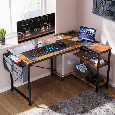 Kirstey L-Shape Gaming Desk with Built in Outlets,Computer Desk with Monitor Stand