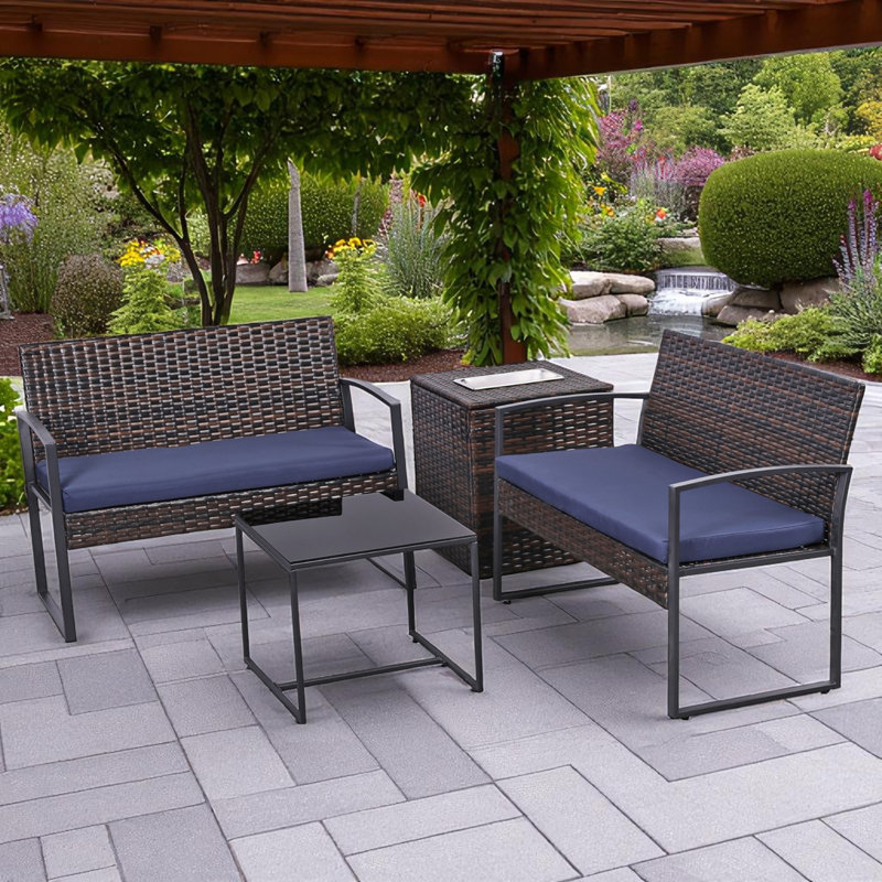Ensemble de conversation d'extérieur en osier pour 4 personnes avec coussins et table d'appoint avec seau à glace