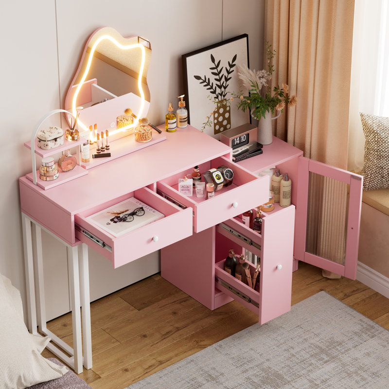 Korion Makeup Vanity with 3-color Touch Screen Lighted Mirror, Makeup Table with Drawers and Storage Cabinet