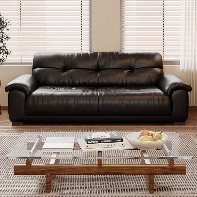 Canapé standard en cuir véritable noir, H 34,25 po x l 59,06 po x P 35,04 po, Noir