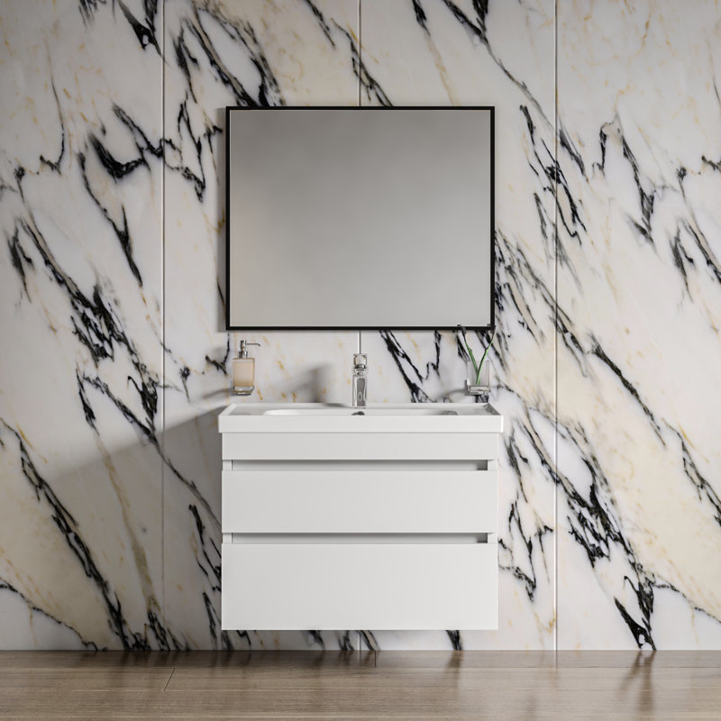 Meuble-lavabo mural moderne avec lavabo | Collection Niagara blanc ultrabrillant | Panneau de fibres à densité moyenne non toxique 24 "Simple Collection 24"
