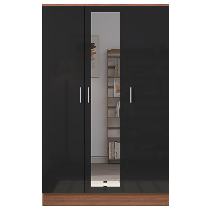 Eva High Gloss Mirrored 3 Door Wardrobe - H: 180cm x D: 47cm x W: 113cm, Walnut/Gloss Black