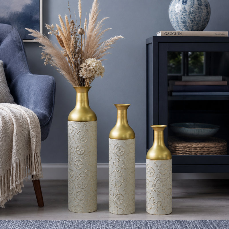 Ensemble de 3 vases gigognes en métal, vases décoratifs blanc antique et or pour salon et entrée