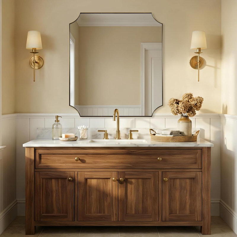 Miroir de salle de bain Tariro Cadre en acier inoxydable, 40 po x 36 po, Or brossé