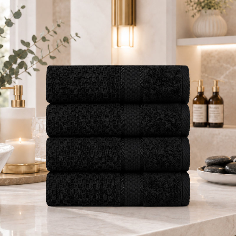 Collection de serviettes texturées 100% coton Mulaayam, Noir, noir, noir, noir, Essuie-mains - paquet de 4