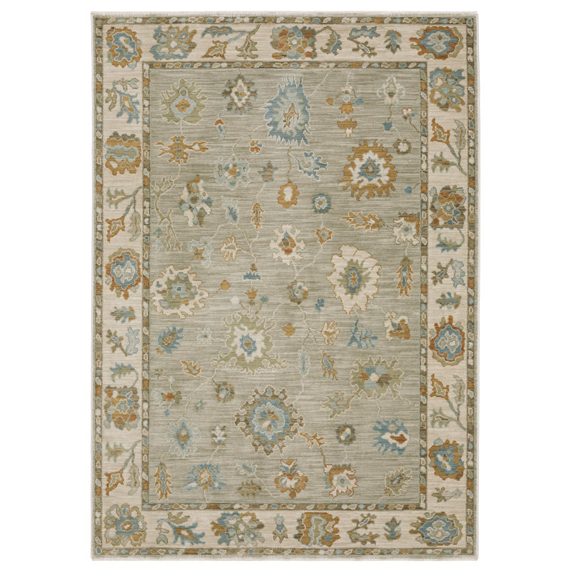 Graicyn Bordered Oriental Grey/ Blue Area Rug, Rectangle 5'3" x 7'9"