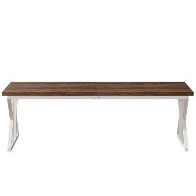 71" Farmhouse Dining Table For 6, Rustic Rectangular Kitchen Table With X-Trestle Metal Legs, Wood Top Dinner Table For Dining Room, Rustic Brown & White