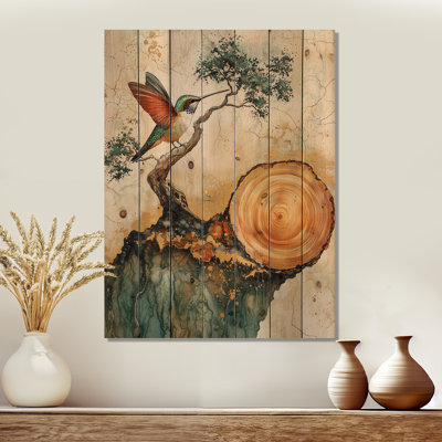 Hummingbird Tree On A Top Of A Wood Slide I - Hummingbird Animal Wood Wall Art On Natural Pine Wood