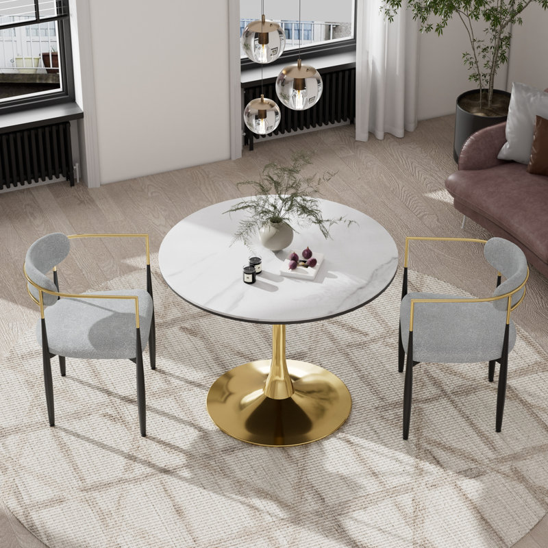 Ensemble de salle à manger à piédestal en marbre, 3 pièces: table, 2 chaises, Gris, H 28,7 po x l 31,5 po x P 31,5 po