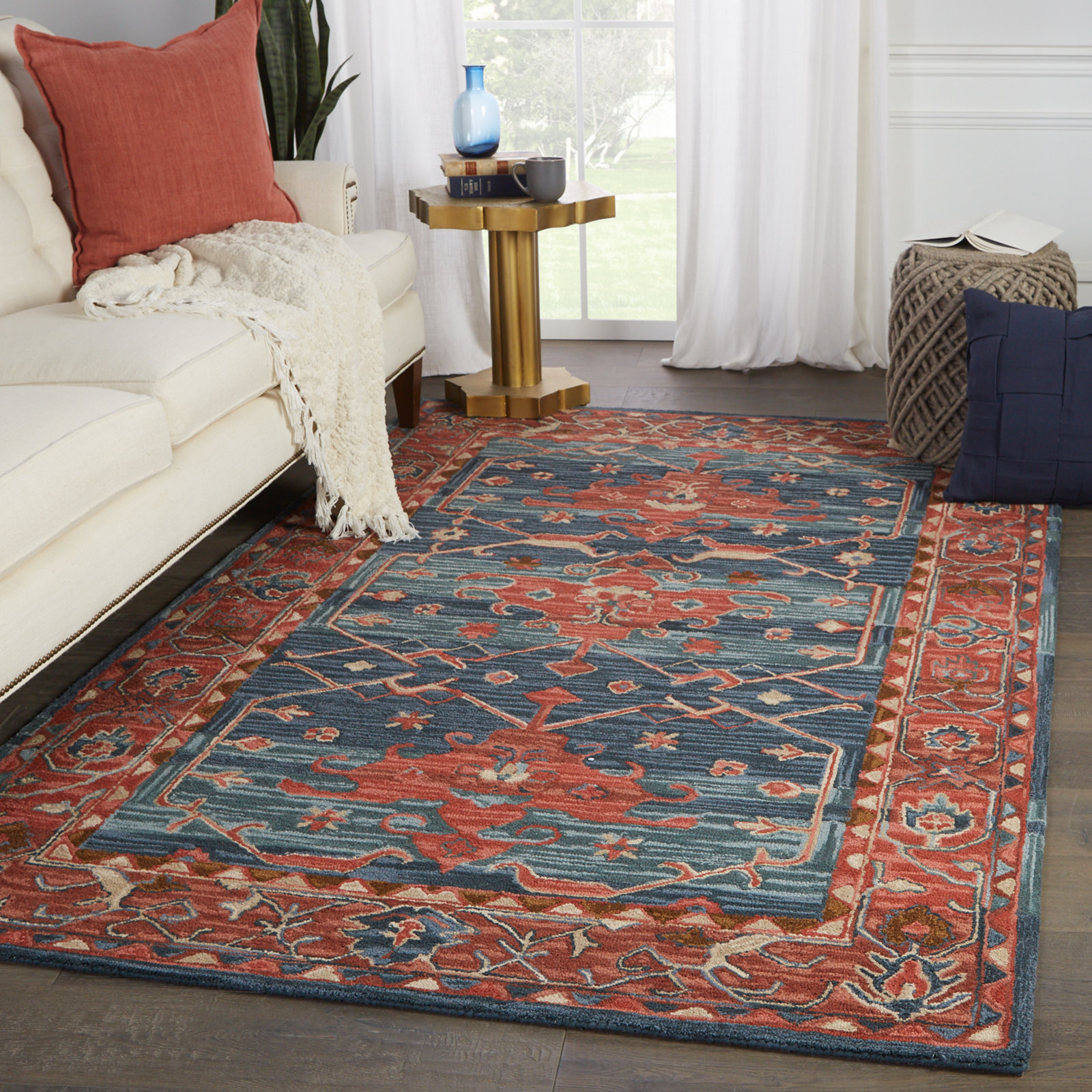 Red Blue Hand-Tufted Wool Oriental Rug, Rectangle 8' x 10'