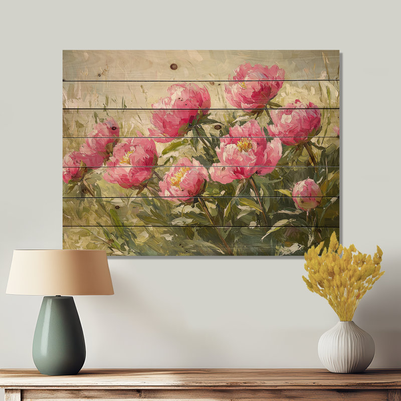 Pivoines par le champ de printemps II - Art mural en bois de pivoines - sur bois de pin naturel, H 34 po x l 44 po