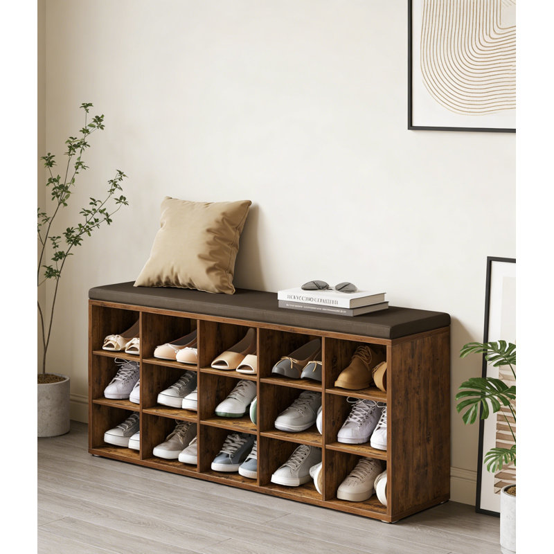 Banc de rangement pour hall d'entrée avec siège rembourré et 15 compartiments, Bois espresso