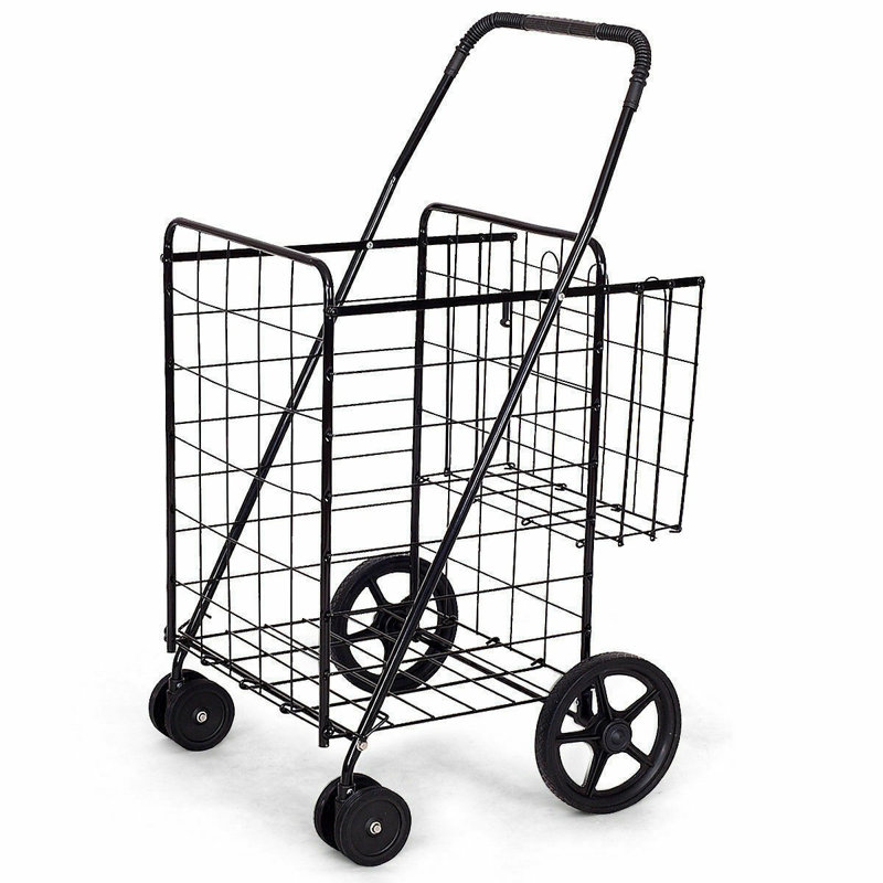 40'' H x 24'' W Folding Shopping Cart with Dual Storage Baskets and Swiveling Wheels, Black