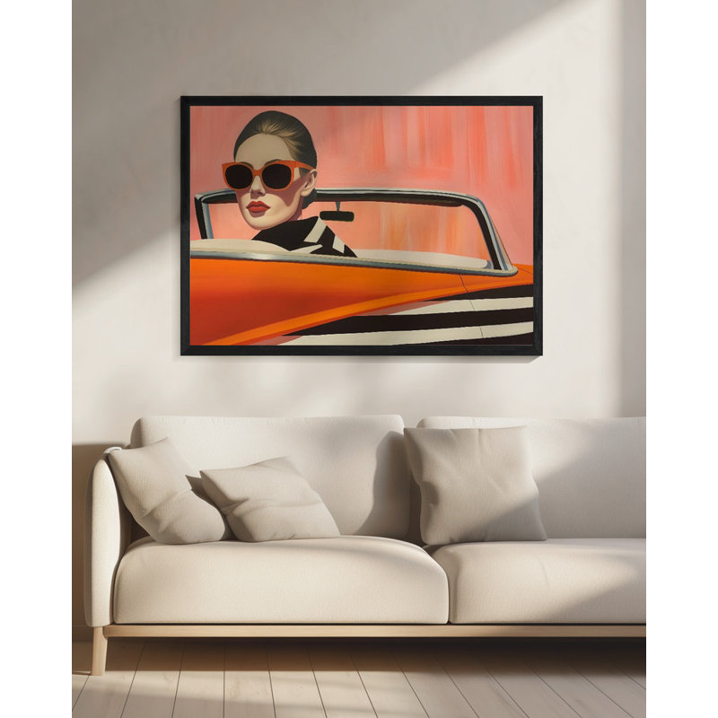 Pop Art & Retro "Woman In a Cadilac" Framed Print Wall Art, 16" H x 24" W